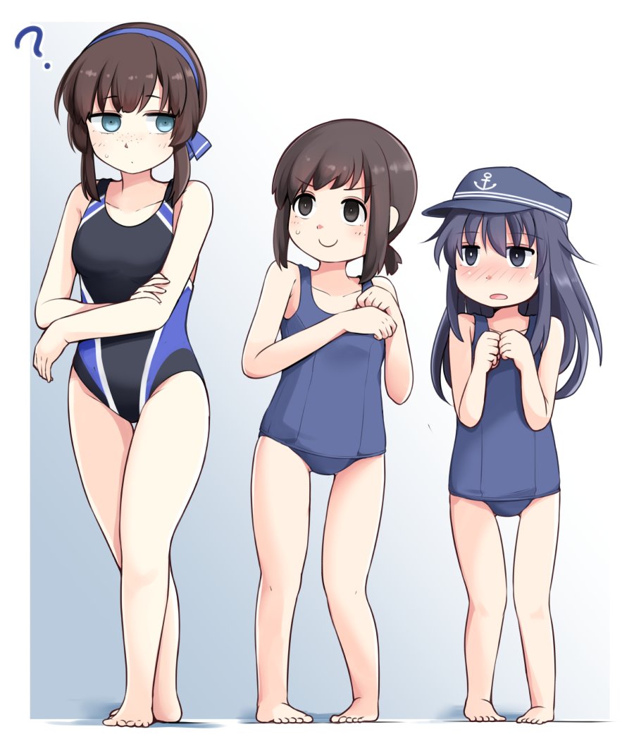 3girls ? akatsuki_(kancolle) barefoot black_hair blue_background blue_eyes blue_hairband blue_ribbon blush breasts brown_hair competition_swimsuit crossed_legs embarrassed flat_cap freckles fubuki_(kancolle) full_body gluteal_fold gradient_hair green_eyes hair_ribbon hairband hat kantai_collection long_hair low_ponytail medium_breasts mogador_(kancolle) multicolored_hair multiple_girls okitarou_(okiyo) one-piece_swimsuit open_mouth ponytail purple_hair ribbon school_swimsuit shirt short_hair small_breasts smile sweater swimsuit white_shirt