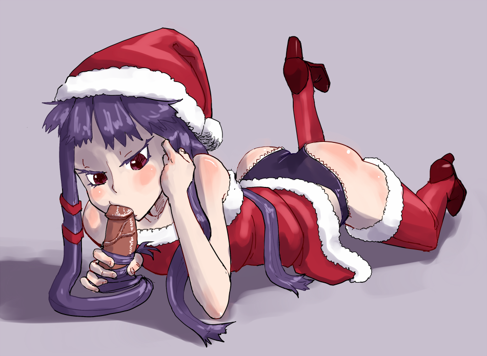 1girl ar_tonelico ar_tonelico_ii ass black_panties boots disembodied_penis dress fellatio formerly hair_tubes hairjob hat jakuri_(ar_tonelico) long_hair lying off-shoulder_dress off_shoulder on_stomach oral panties penis purple_hair red_eyes santa_costume santa_hat solo solo_focus thigh_boots thighhighs uncensored underwear
