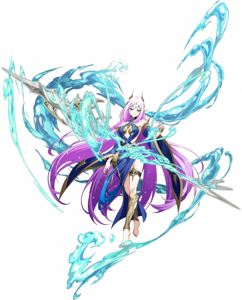 1girl armlet armor aura bare_shoulders barefoot blue_dress blue_eyes blue_nails blue_sleeves bracelet breasts cleavage closed_mouth criss-cross_halter crossed_legs detached_sleeves dress facial_mark floating floating_clothes floating_hair floating_object floating_weapon forehead_mark full_body game_cg gold_armlet gold_bra gold_tiara gold_trim gradient_hair greaves hair_ornament halterneck hydrokinesis jewelry langrisser langrisser_mobile light_smile liquid_weapon long_hair looking_at_viewer magic medium_breasts multicolored_hair nail_polish official_art parted_bangs pink_hair pointy_ears polearm purple_hair revealing_clothes shin_guards side_slit sidelocks simple_background solo spear standing sylrna_(langrisser) tachi-e thighlet third-party_source tiara transparent_background very_long_hair water weapon wide_sleeves