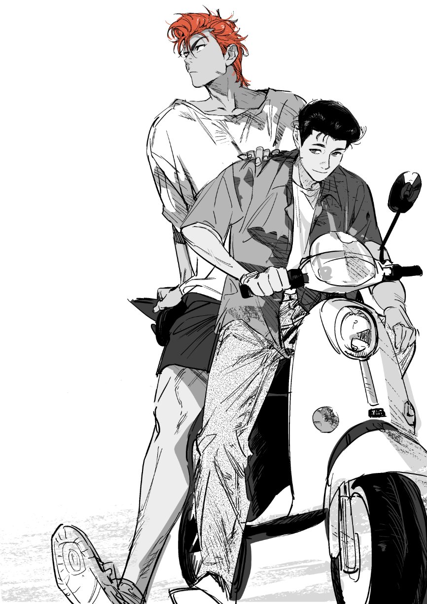 2boys atie1225 chinese_commentary closed_mouth collarbone commentary_request crew_neck greyscale hand_on_another&#039;s_shoulder highres layered_clothes light_frown light_smile looking_to_the_side male_focus mito_youhei monochrome motor_vehicle multiple_boys pants pompadour red_hair riding sakuragi_hanamichi scooter shirt shoes shorts sideways_glance simple_background slam_dunk_(series) sneakers spot_color t-shirt v-shaped_eyebrows vespa white_background