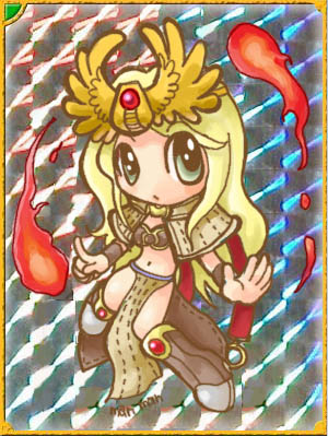 1girl bikini bikini_top_only blonde_hair boots brown_boots brown_capelet brown_skirt capelet card_(medium) chibi chibi_only commentary_request fire full_body green_eyes headpiece iridescent long_hair lowres mamaji open_mouth pelvic_curtain pyrokinesis ragnarok_online sage_(ragnarok_online) skirt solo striped_capelet swimsuit