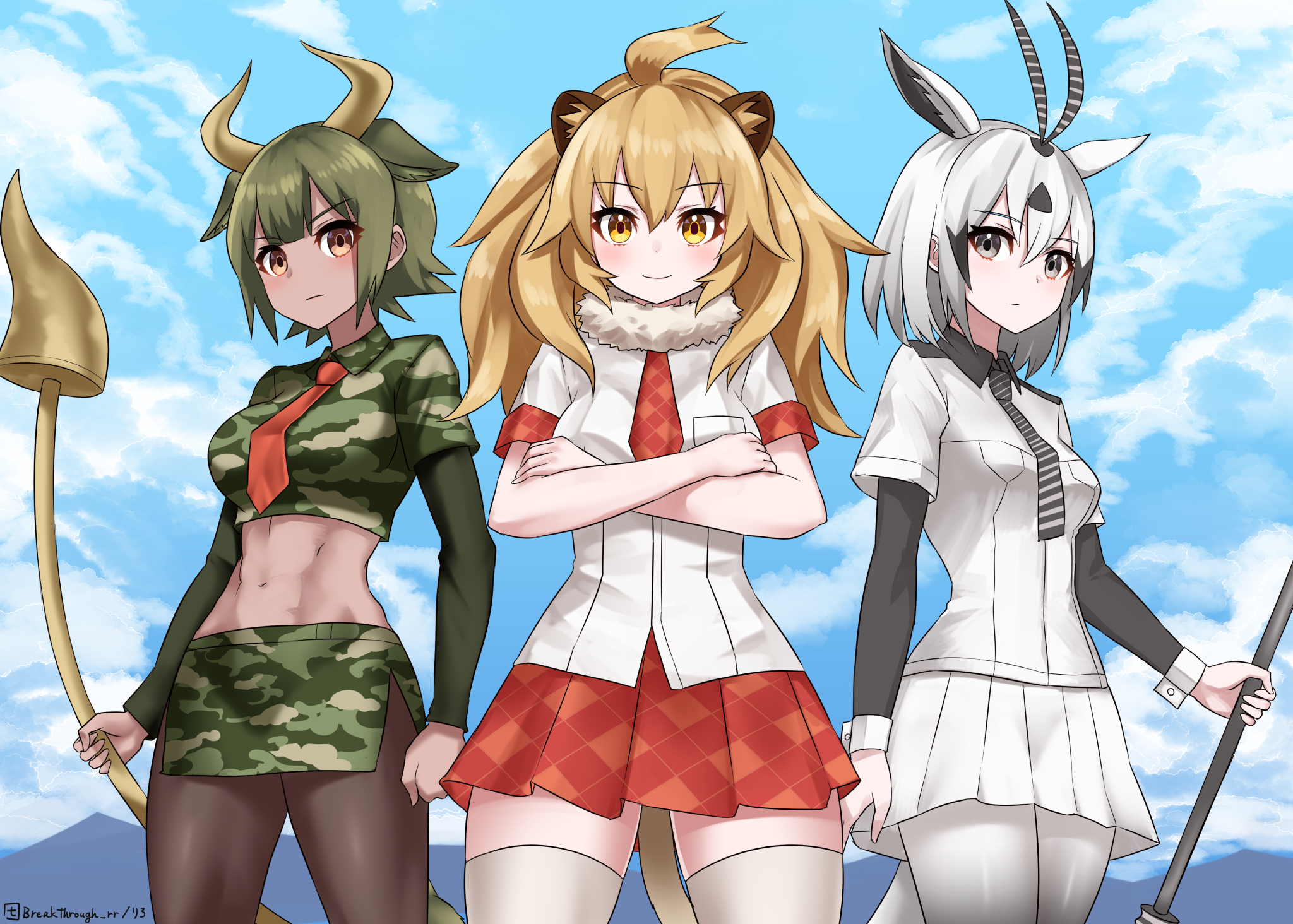 3girls abs animal_costume animal_ears antenna_hair arabian_oryx_(kemono_friends) arms_at_sides aurochs_(kemono_friends) bare_arms big_hair black_hair blonde_hair breast_pocket cat_girl closed_mouth collared_shirt commentary_request cow_ears cow_girl cow_horns cow_tail cowboy_shot crop_top cropped_shirt cuffs dark-skinned_female dark_skin day earrings empty_eyes expressionless extra_ears fur_collar gazelle_ears gazelle_tail grey_eyes grey_hair highres holding holding_weapon horns jewelry kemono_friends layered_sleeves lion_(kemono_friends) lion_costume lion_ears lion_tail long_sleeves looking_at_viewer medium_hair midriff miniskirt multiple_girls navel necktie outdoors pantyhose pencil_skirt plaid_clothes plaid_neckwear plaid_skirt plaid_sleeves pleated_skirt pocket polearm red_neckwear riro_(breakthrough_rr) shirt short_over_long_sleeves short_sleeves sidelocks skirt smile standing stomach striped_neckwear tail thighhighs toned toned_female two-tone_background weapon wing_collar yellow_eyes zettai_ryouiki