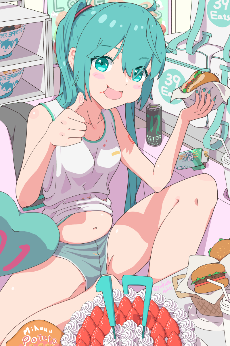 1girl 39 ahoge aqua_eyes aqua_hair artist_name belly blush_stickers breasts burger cake can commentary_request crumbs eating energy_drink feet_out_of_frame food full_stomach glutton hair_ornament hatsune_miku highres holding holding_food indoors long_hair long_sleeves medium_breasts midriff monster_energy on_floor open_mouth sitting smile solo tank_top thumbs_up twintails very_long_hair vocaloid weight_gain white_tank_top yukichi_(yu-ame)