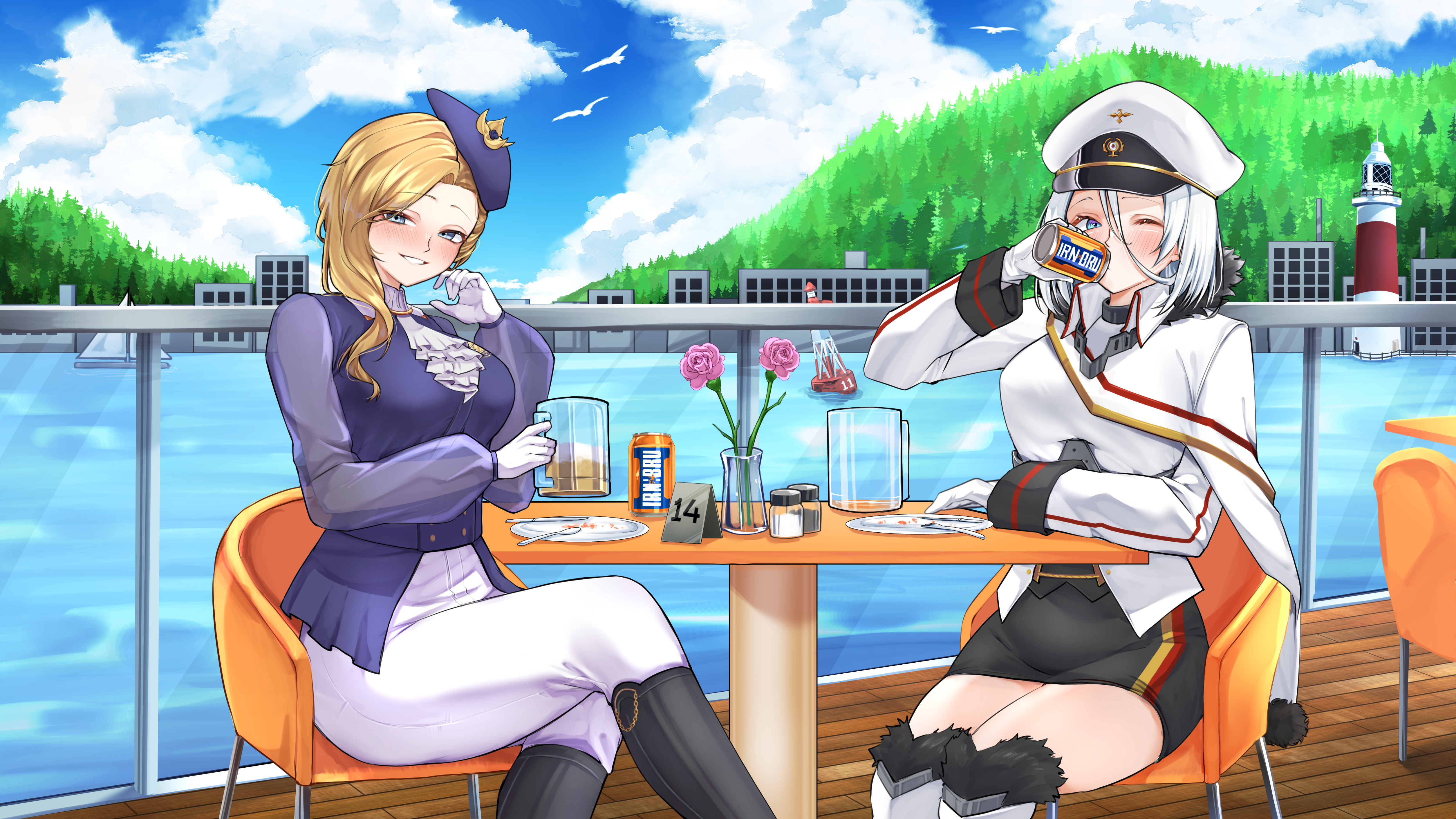 2girls absurdres azur_lane beer_glass black_footwear blonde_hair blue_eyes blue_hat blue_jacket blue_sky blush boat boots breasts building buoy can cape chair dress drunk earrings fork fur-trimmed_boots fur-trimmed_cape fur_trim gloves grin hair_between_eyes hat highres holding holding_can hood_(azur_lane) irn-bru jacket jewelry kghazir lighthouse long_hair long_sleeves looking_at_viewer military_uniform multiple_girls ocean one_eye_closed pants peaked_cap plate riding_boots riding_outfit sailboat short_hair sitting sky smile spoon table tanaka_atsuko tirpitz_(azur_lane) voice_actor_connection watercraft white_cape white_footwear white_gloves white_hair white_hat white_pants