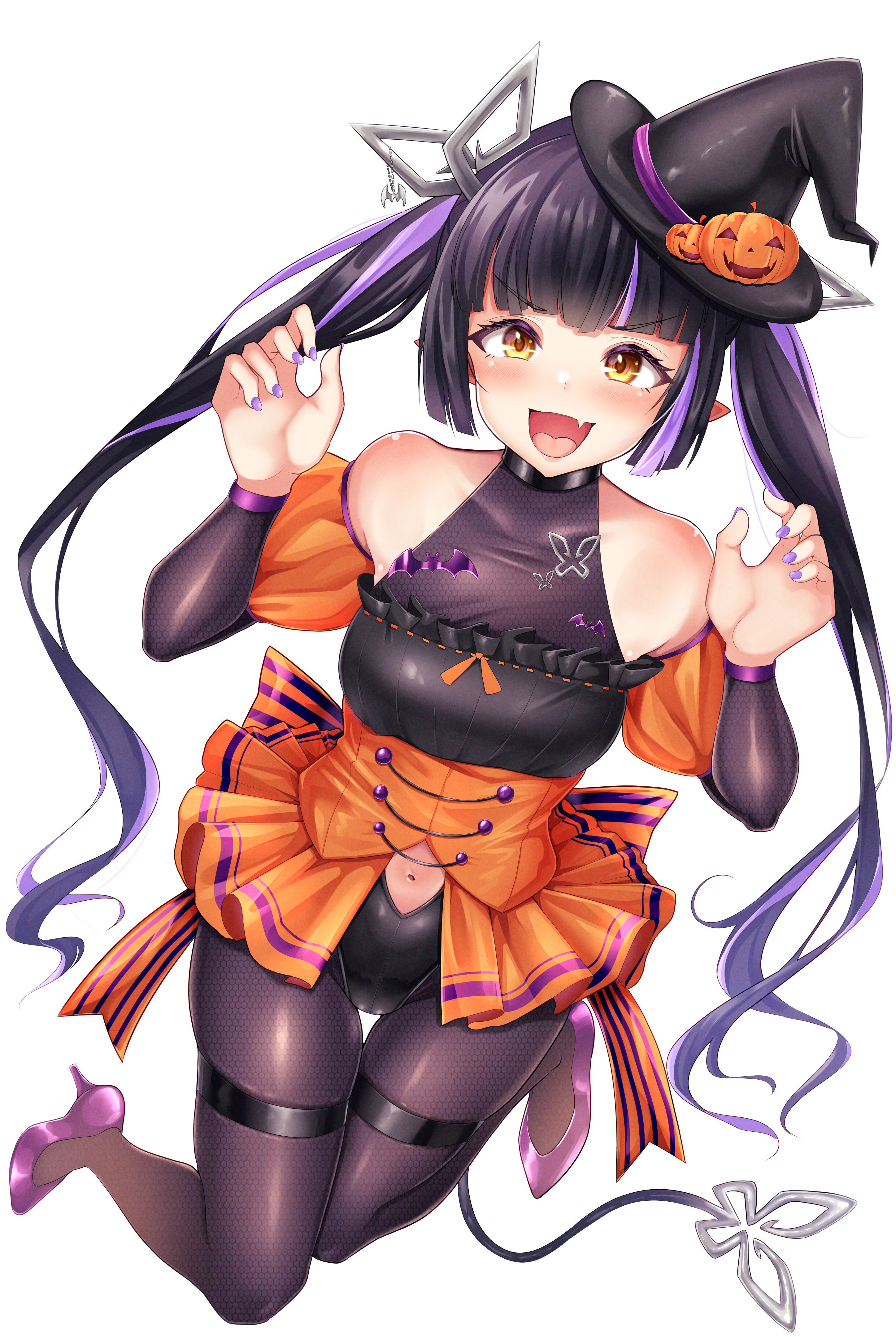 1girl absurdres alternate_costume bat_ornament black_hair black_hat black_leotard black_pantyhose blunt_bangs blush breasts clothing_cutout commentary_request corset demon_girl demon_horns demon_tail detached_sleeves fang fingernails fishnet_pantyhose fishnet_sleeves fishnets full_body halloween halloween_costume hat high_heels highres horn_ornament horns jack-o'-lantern_hat_ornament jumping kojo_anna leotard long_hair looking_at_viewer medium_breasts microskirt multicolored_hair nanashi_inc. navel navel_cutout open_mouth orange_corset orange_skirt orange_sleeves pantyhose pleated_skirt pointy_ears puffy_detached_sleeves puffy_short_sleeves puffy_sleeves purple_footwear purple_hair purple_nails robou_no_stone short_sleeves simple_background skin_fang skirt smile solo tail transparent_background twintails two-tone_hair virtual_youtuber witch_hat yellow_eyes