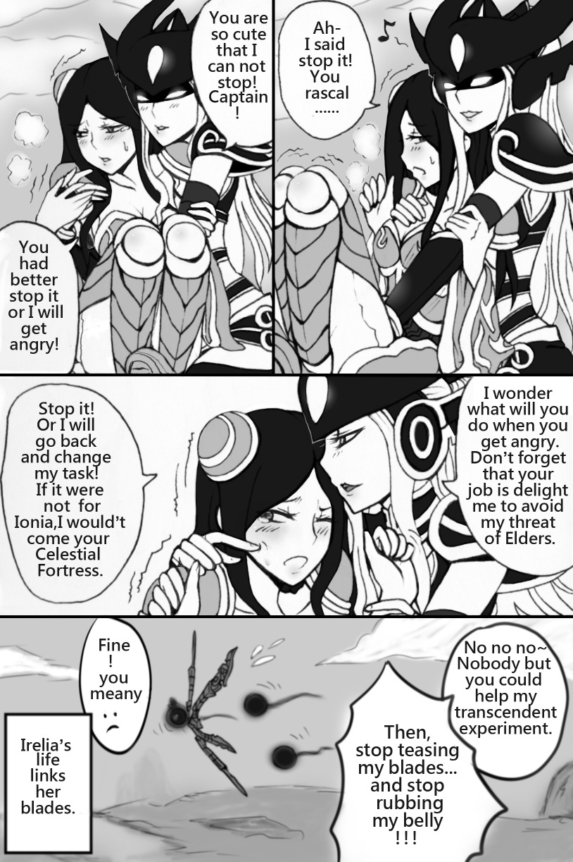 2girls carrying english_text eye_mask highres irelia league_of_legends multiple_girls princess_carry speech_bubble syndra wocami yuri