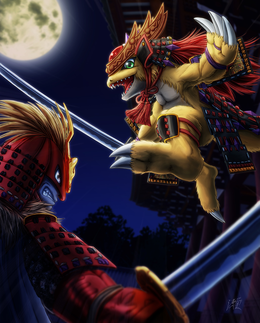 armor digicore digimon digimon_(creature) highres musyamon ryudamon samurai sword weapon