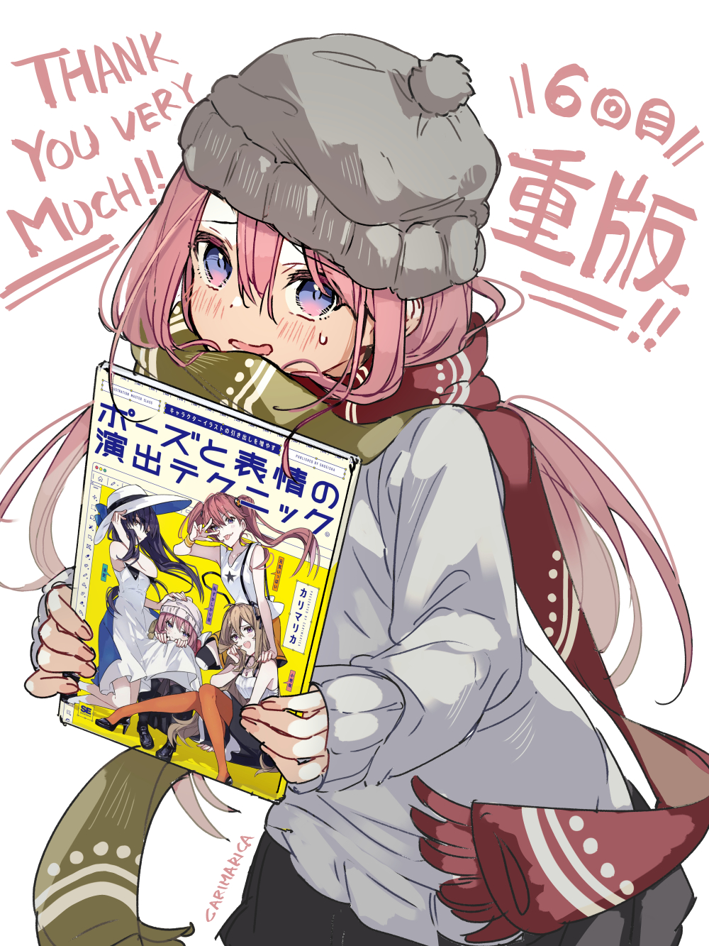 1girl black_skirt carimarica english_text gradient_eyes green_scarf grey_hat hat highres holding holding_magazine long_hair magazine_(object) multicolored_eyes open_mouth original pink_eyes pink_hair purple_eyes red_scarf scarf simple_background skirt smile solo sweater white_background