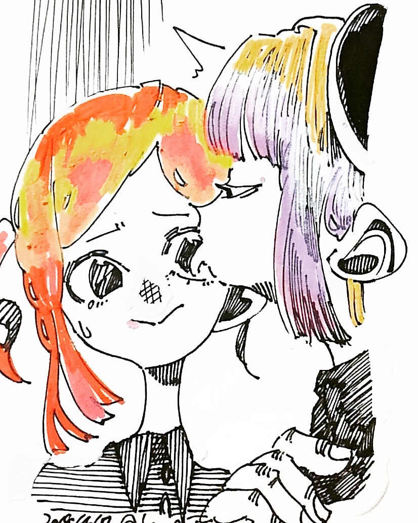 2girls artist_request licking_eye licking multiple_girls orange_hair purple_hair sketch tagme tongue tongue_out