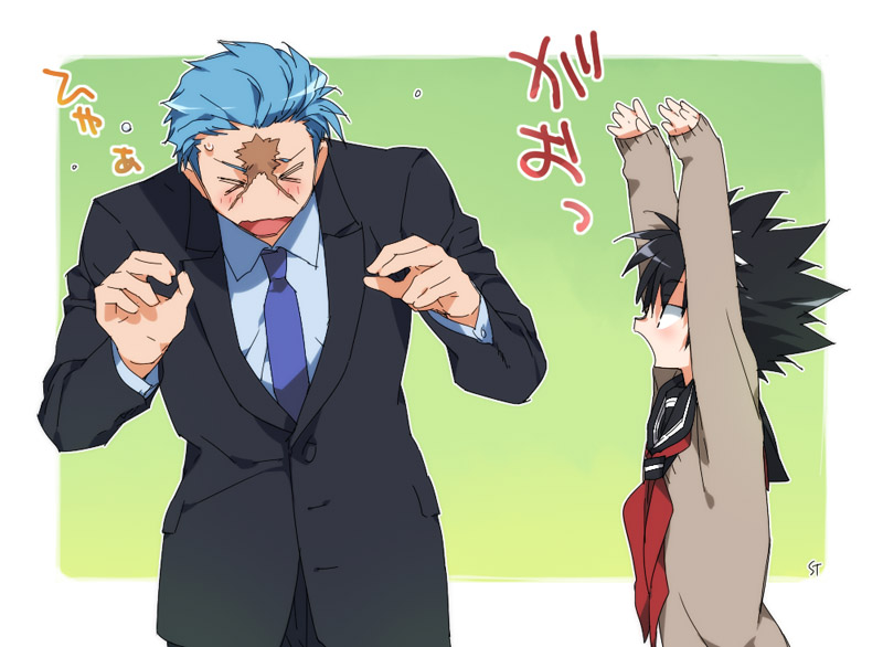 2boys black_hair blue_hair blush bui crossdressing formal_clothes hiei male_focus multiple_boys necktie red_eyes scar scared school_uniform serafuku suit toujou_sakana yuu_yuu_hakusho