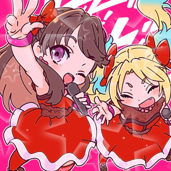 2girls ;d arm_up armpits blonde_hair blue_hair bow brown_hair chibi chibi_only commentary_request do!_do!_do!_(love_live!) dress facing_viewer fujishima_megumi gradient_hair hair_bow holding holding_microphone link!_like!_love_live! long_hair looking_at_viewer love_live! microphone mira-cra_park! multicolored_hair multiple_girls one_eye_closed open_hand open_mouth osawa_rurino parted_bangs pink_background purple_eyes red_bow red_dress red_thighhighs shinanoya_(satanicad) short_dress short_eyebrows sleeveless sleeveless_dress smile song_name teeth thick_eyebrows thighhighs twintails two_side_up upper_teeth_only virtual_youtuber w