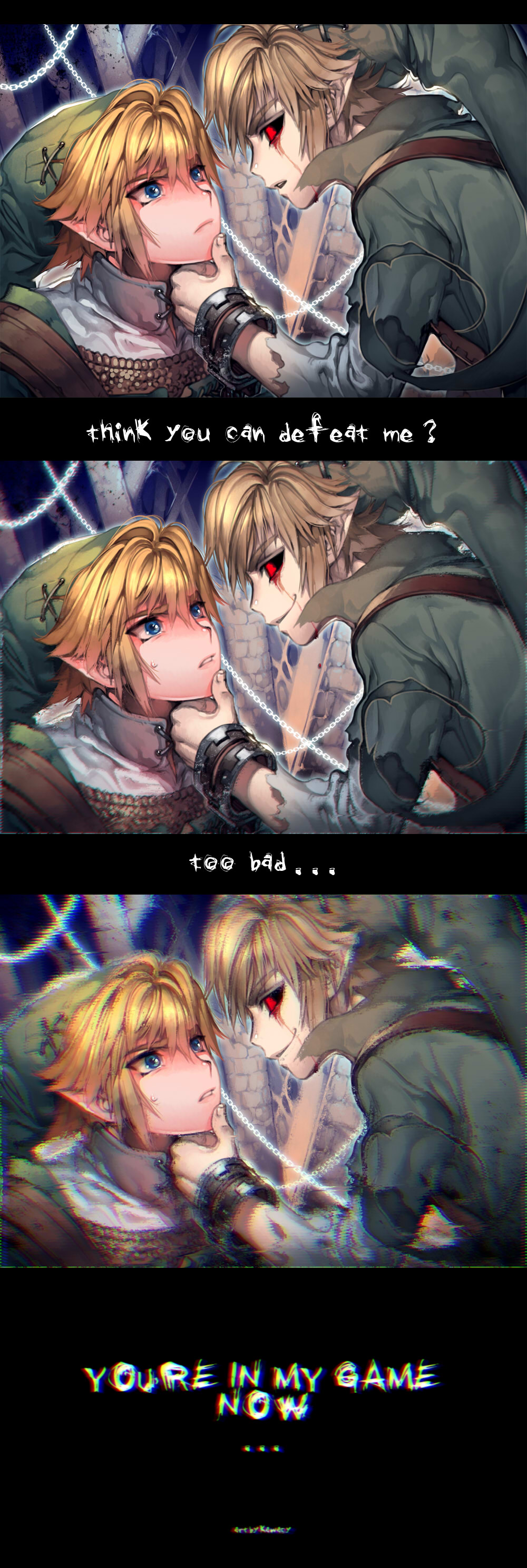 2boys absurdres black_sclera blonde_hair blood bloody_tears blue_eyes chain colored_sclera creepypasta cuffs evil_grin evil_smile face-to-face grabbing_another&#039;s_chin grin hand_on_another&#039;s_chin highres holding kawacy multiple_boys nintendo pointy_ears red_eyes shackles smile the_legend_of_zelda the_legend_of_zelda:_majora&#039;s_mask torn_clothes tunic