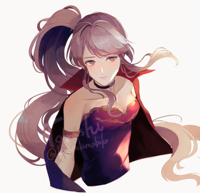 1girl bare_shoulders breasts cape cleavage closed_mouth collarbone detached_sleeves dress fire_emblem fire_emblem:_genealogy_of_the_holy_war grey_eyes high_ponytail ishtar_(fire_emblem) kabitakamaboko long_hair medium_breasts nintendo ponytail purple_hair solo strapless strapless_dress upper_body watermark white_background
