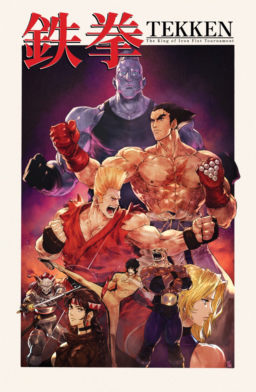 2girls 6+boys armor copyright_name crossed_arms david_liu dougi fighting_stance fingerless_gloves gloves high_kick highres jack_(tekken) katana kicking king_(tekken) marshall_law mask michelle_chang mishima_kazuya multiple_boys multiple_girls muscular muscular_male nina_williams open_mouth paul_phoenix scar scar_on_chest sword tekken topless_male torn_clothes torn_sleeves weapon yoshimitsu_(namco)
