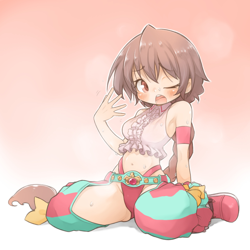 1girl arm_support blush braid breasts brown_eyes brown_hair center_frills clothing_cutout commentary_request cropped_shirt frilled_pants frilled_shirt frills full_body hand_up hot long_hair looking_at_viewer magia_record:_mahou_shoujo_madoka_magica_gaiden magical_girl mahou_shoujo_madoka_magica mao_himika medium_breasts navel one_eye_closed open_mouth pants pink_shoes shirt shoes sitting solo striped_clothes striped_pants thigh_cutout two-tone_pants vertical-striped_clothes vertical-striped_pants very_long_hair wariza white_shirt zangetsumaru