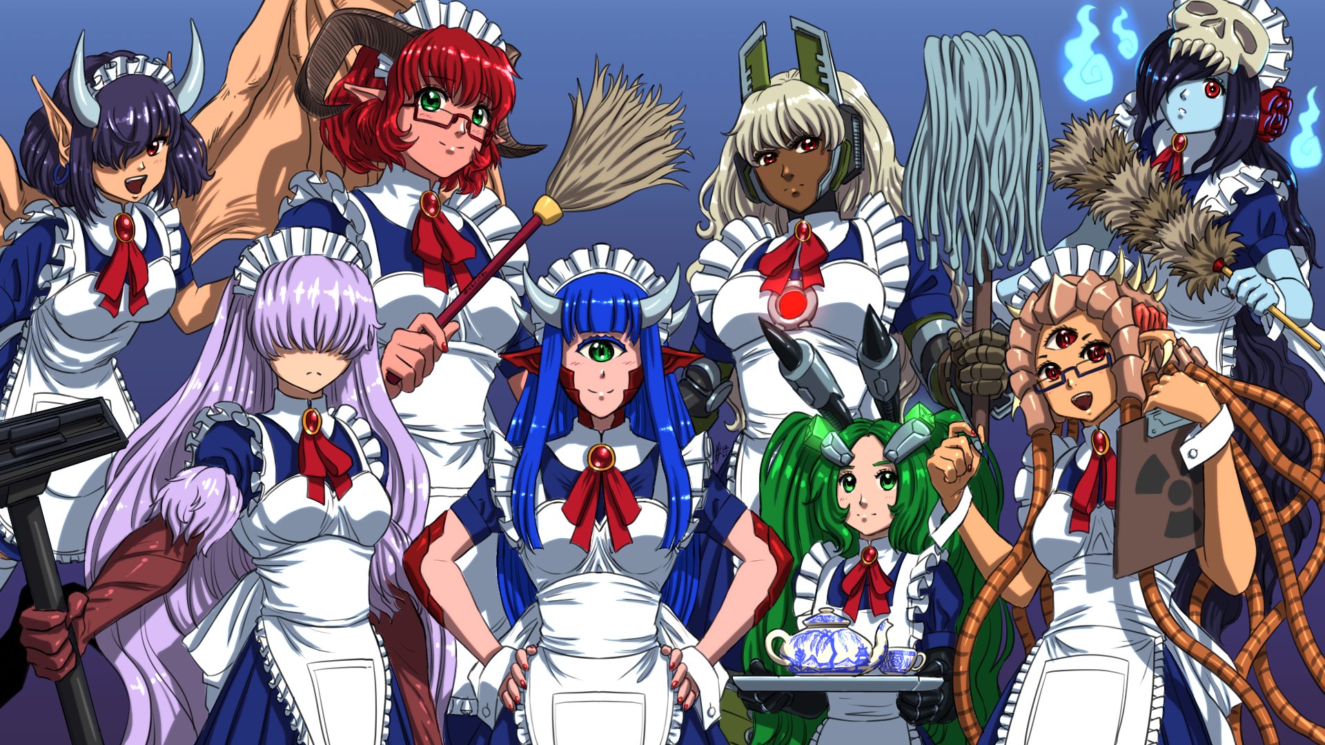 6+girls :d baron_of_hell black-framed_eyewear black_hair blonde_hair blood_(game) blue_hair blue_skin brooch broom cacodemon colored_skin commentary covered_eyes cup cyclops dark-skinned_female dark_skin doom_(series) doom_eternal duster english_commentary extra_eyes frown glasses green-framed_eyewear green_eyes green_hair hair_over_eyes hair_over_one_eye hands_on_own_hips highres hitodama holding holding_notepad holding_pen horns jewelry light_purple_hair long_hair looking_at_viewer maid maid_headdress mechanical_arms monster_girl mop multiple_girls nail_polish neck_ribbon notepad one-eyed open_mouth pen personification phantasm_(blood) pointy_ears quake_(series) quake_1 radiation_symbol red_eyes red_hair red_nails red_ribbon ribbon scales semi-rimless_eyewear shambler short_hair short_sleeves skull_on_head smile substance20 teapot tentacle_hair third_eye tray under-rim_eyewear vacuum_cleaner wings wrist_cuffs
