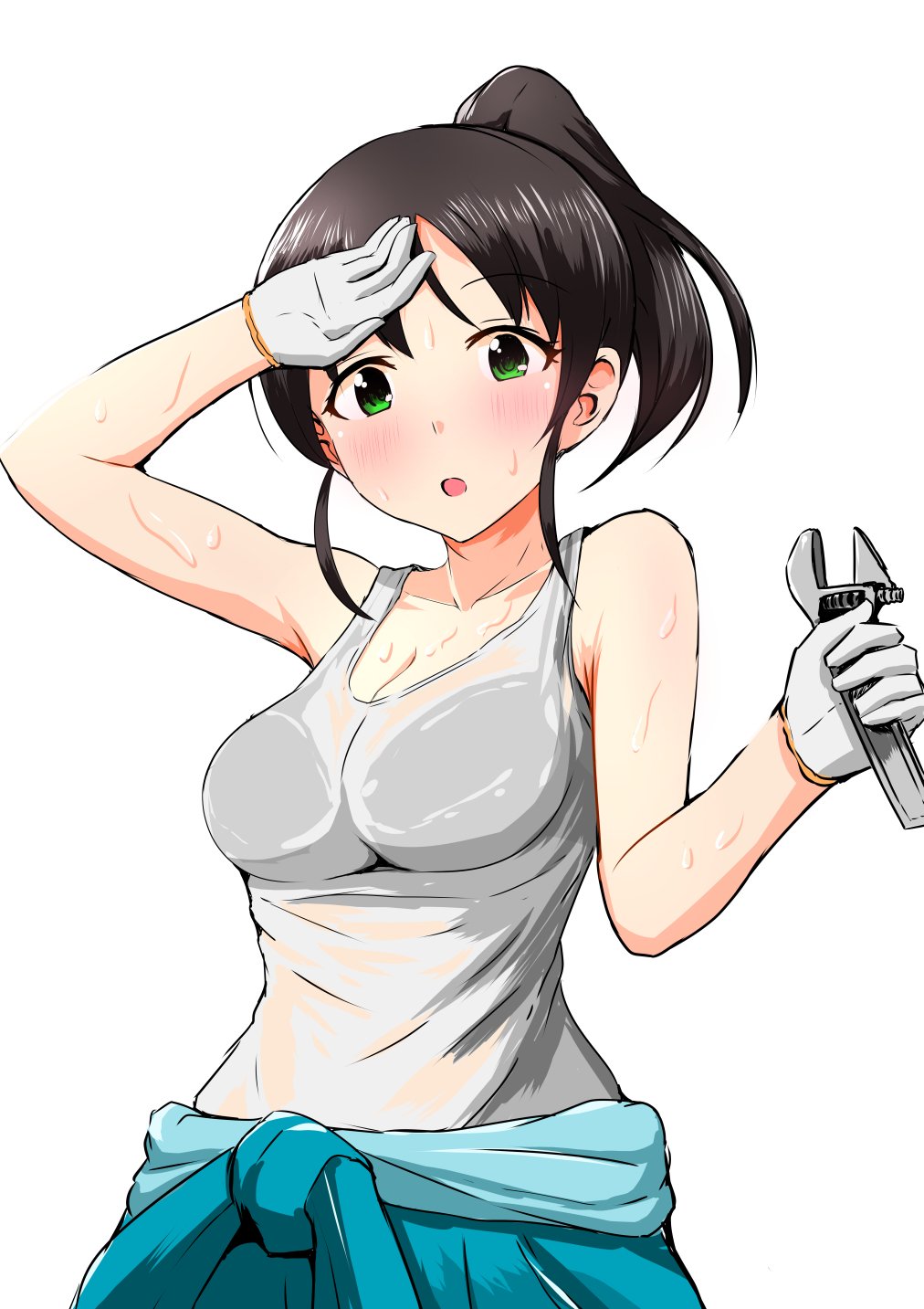 1girl aizawa_u-ji bare_shoulders black_bra black_hair blue_jumpsuit blush bra breasts cleavage clothes_around_waist collarbone gloves green_eyes hands_up harada_miyo highres holding holding_wrench hot idolmaster idolmaster_cinderella_girls idolmaster_cinderella_girls_starlight_stage jumpsuit large_breasts looking_at_viewer open_mouth ponytail short_hair simple_background solo sweat sweaty_clothes tank_top underwear upper_body white_background white_gloves white_tank_top work_gloves wrench