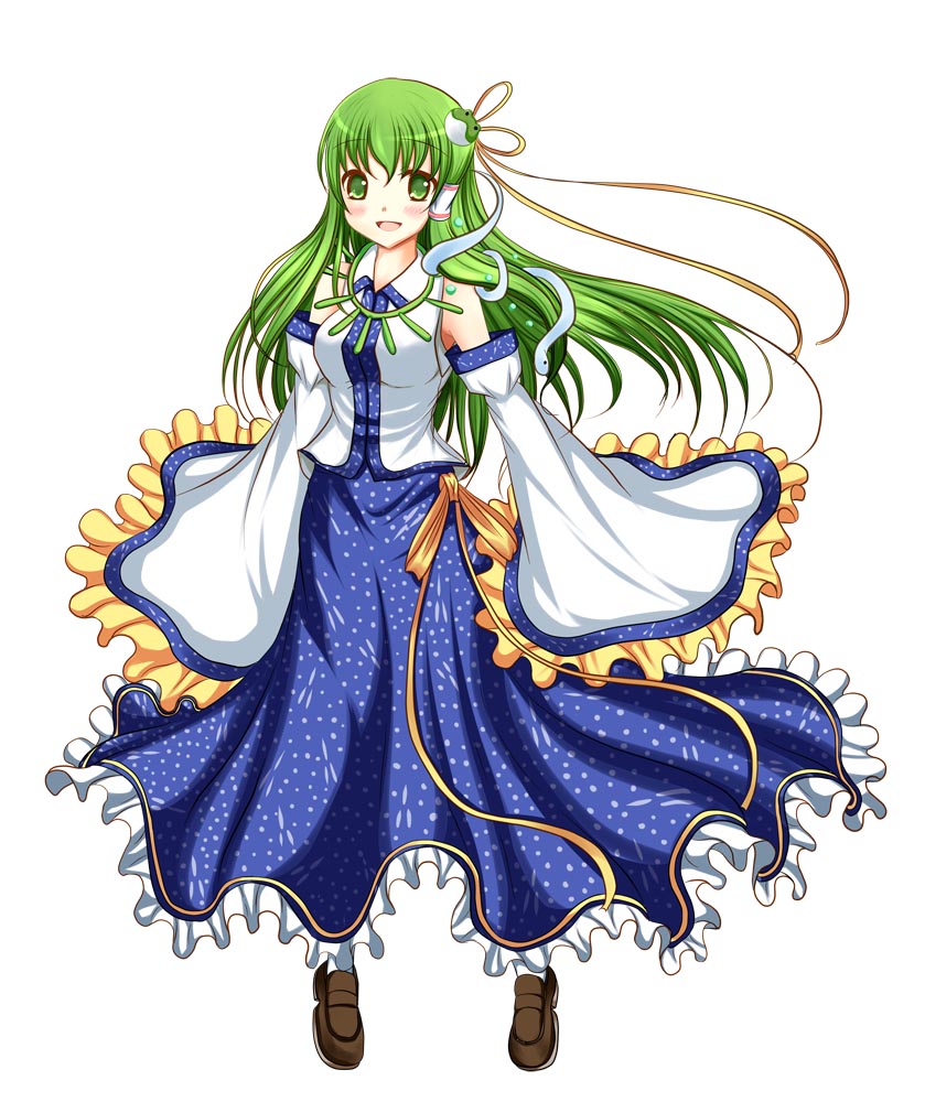 1girl blush detached_sleeves female_focus frills frog green_hair hair_ornament hair_tubes kochiya_sanae long_hair mary_janes open_mouth shoes snake solo tomo_(uguisu-tei) touhou very_long_hair wide_sleeves