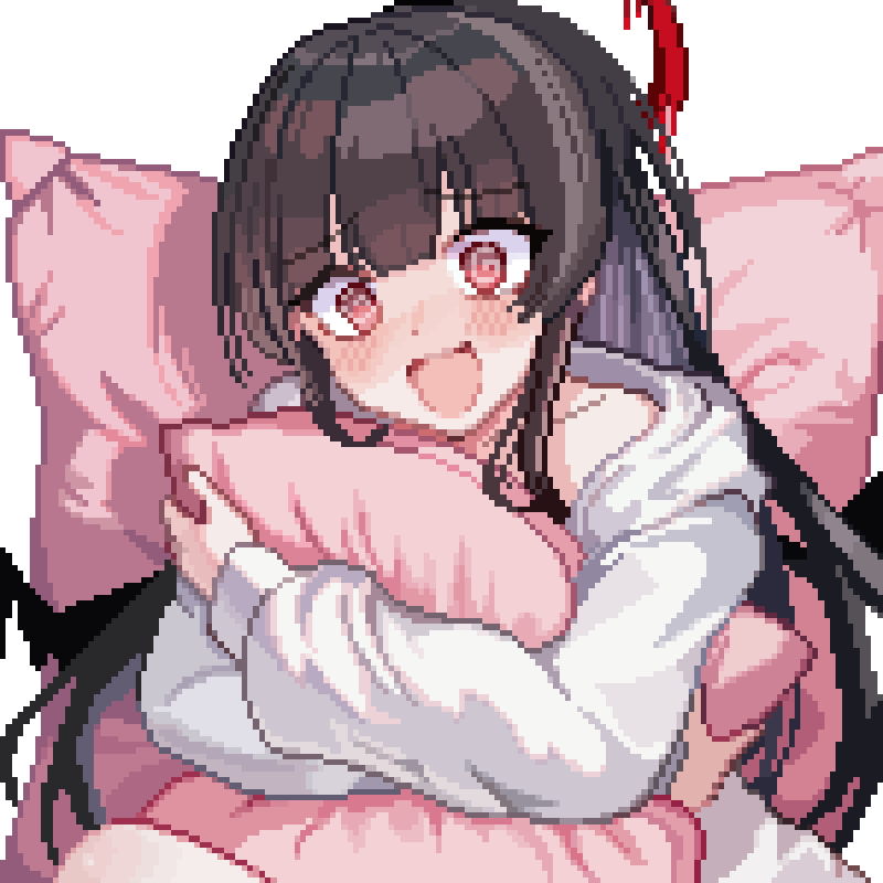 1girl :d bags_under_eyes black_hair black_wings blood blood_halo blue_archive blush commentary cushion halo holding_cushion liquid_halo long_sleeves melting_halo open_mouth pixel_art red_eyes red_halo shirt simple_background smile tinia_etru tsurugi_(blue_archive) white_background white_shirt wings