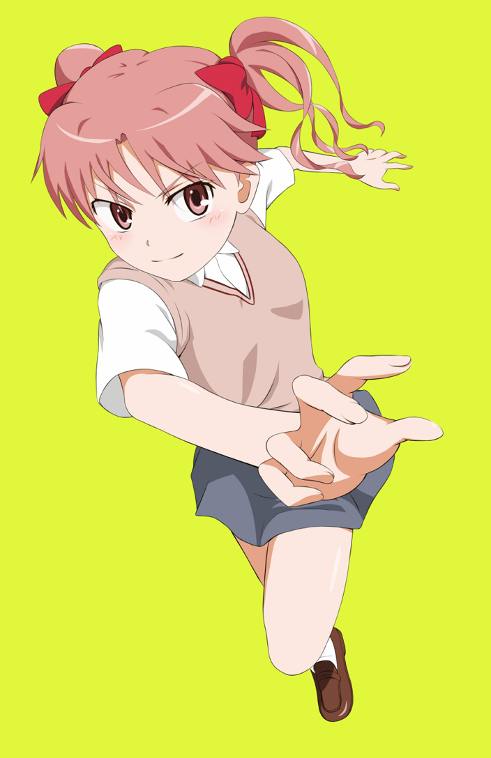 &gt;:) 1girl bare_arms blush bow brown_eyes brown_hair brown_shoes brown_sweater brown_sweater_vest brown_vest closed_mouth collared_shirt commentary_request dynamic_pose full_body grey_skirt hair_between_eyes hair_bow jack-barro light_smile loafers long_hair looking_at_viewer miniskirt no_emblem outstretched_arms partial_commentary pleated_skirt red_bow running school_uniform shirai_kuroko shirt shoes short_sleeves simple_background skirt sleeveless sleeveless_sweater socks solo summer_uniform sweater sweater_vest toaru_kagaku_no_railgun toaru_majutsu_no_index tokiwadai_school_uniform twintails v-shaped_eyebrows vest white_shirt white_socks yellow_background