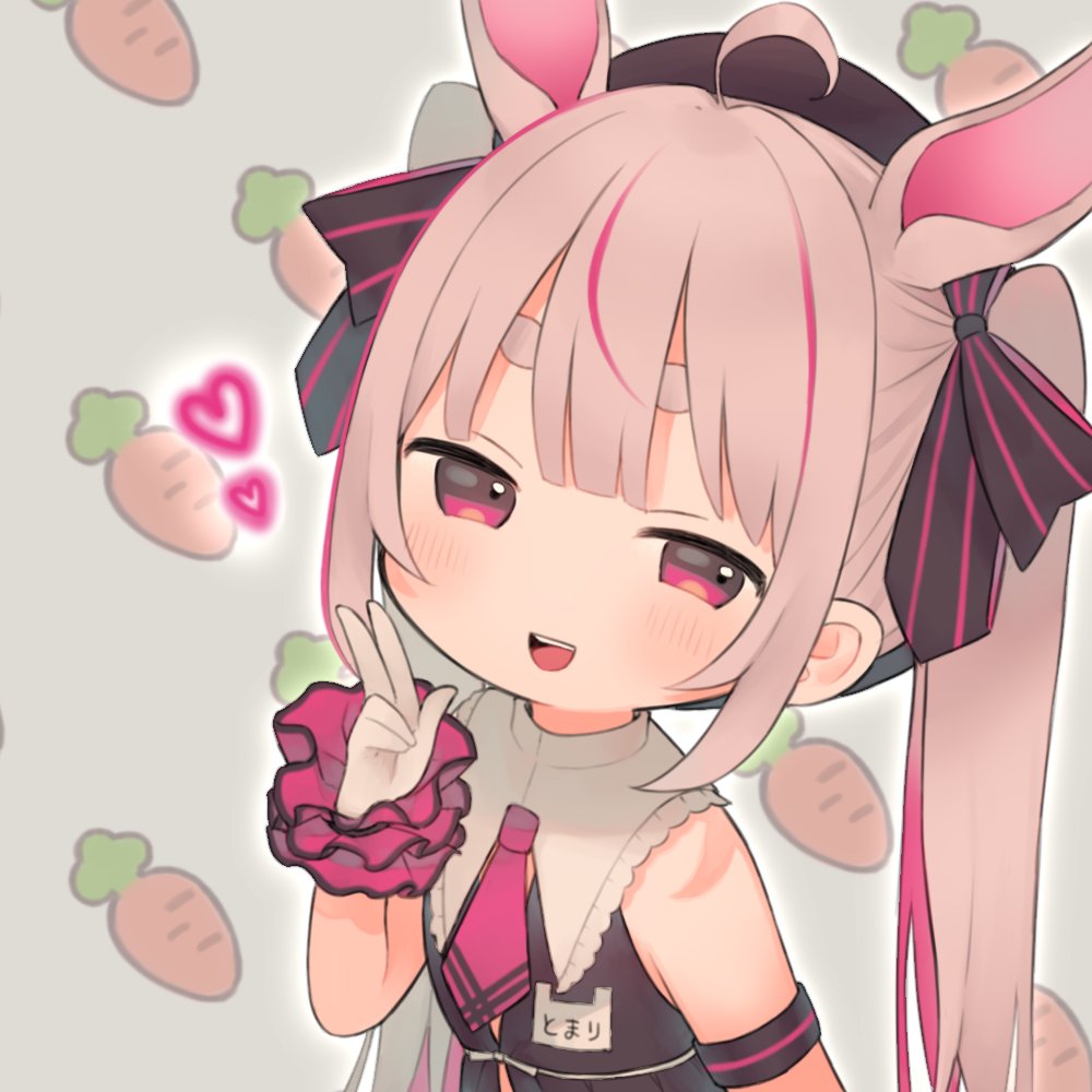 1girl animal_ears armband black_armband black_hat black_shirt blush carrot gloves hat indie_virtual_youtuber long_hair looking_at_viewer necktie no_nose open_mouth pink_eyes pink_hair pink_necktie rabbit_ears shirt solo thick_eyebrows tomari_mari twintails virtual_youtuber zudzuki