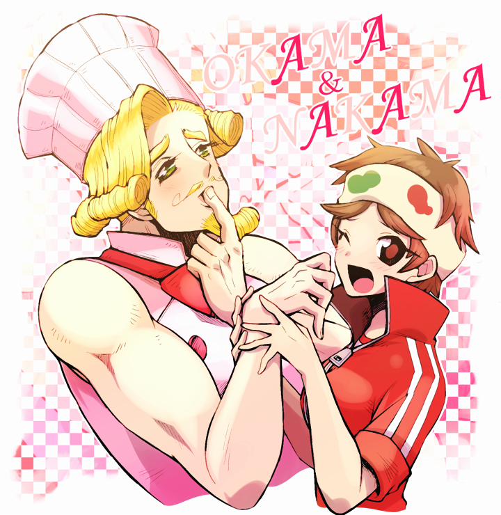 1boy 1girl ;d ace_attorney beard blonde_facial_hair blonde_hair bofmusic brown_eyes brown_hair checkered_background chef chef_hat curly_hair facial_hair finger_to_mouth green_eyes gym_shirt hat headband jacket jean_armstrong minashirazu mustache one_eye_closed open_mouth phoenix_wright:_ace_attorney_-_dual_destinies phoenix_wright:_ace_attorney_-_trials_and_tribulations red_shirt reverse_trap robin_newman shirt short_hair sleeveless sleeveless_shirt smile thick_eyebrows track_jacket track_uniform trait_connection upper_body