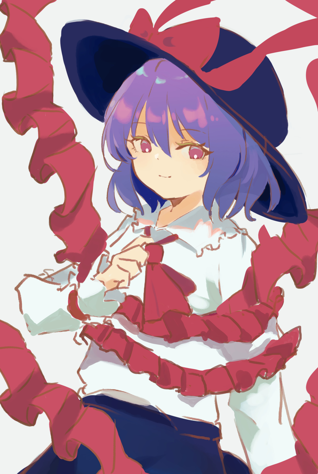 1girl ascot black_hat black_skirt bow capelet closed_mouth commentary frilled_capelet frills hat hat_bow highres hinataku1222 long_sleeves looking_at_viewer nagae_iku one-hour_drawing_challenge purple_hair red_bow red_eyes shirt short_hair simple_background skirt solo touhou white_background white_capelet white_shirt