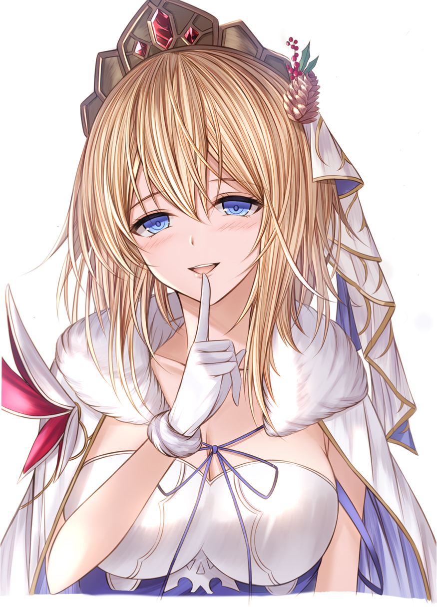 1girl blonde_hair blue_eyes breasts cape europa_(granblue_fantasy) europa_(holiday)_(granblue_fantasy) finger_to_mouth fur-trimmed_cape fur_trim gloves granblue_fantasy highres kanpyou_(hghgkenfany) large_breasts looking_at_viewer medium_hair official_alternate_costume open_mouth simple_background solo teeth tiara upper_body upper_teeth_only white_background white_cape white_gloves