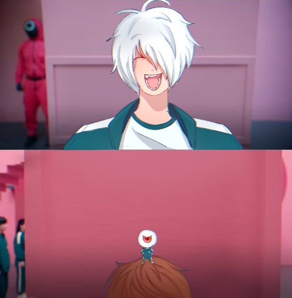 2girls beetle_(gegebeetle) brown_hair closed_eyes fang gegege_no_kitarou green_jacket green_pants hair_over_one_eye jacket kitarou long_sleeves medama_oyaji medama_oyaji_(human) meme multiple_girls one_eye_closed open_mouth pants photo_background short_hair smile squid_game white_hair year_1_&amp;_year_2_(squid_game)_(meme)