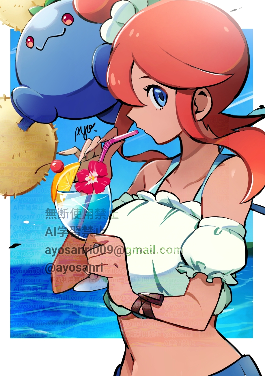 1girl ayo_(ayosanri009) blue_eyes collarbone commentary_request cropped_shirt cup day drinking_straw flower gen_2_pokemon glass hair_ornament highres holding holding_cup jumpluff midriff navel nintendo off-shoulder_shirt off_shoulder official_alternate_costume one_side_up outdoors pokemon pokemon_(creature) pokemon_masters_ex red_hair shirt sidelocks sky skyla_(pokemon) skyla_(summer_2025)_(pokemon) sliced_fruit watermark