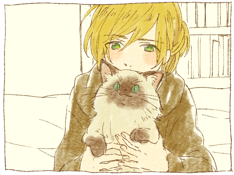 1boy amamiya_konatsu animal blonde_hair cat green_eyes holding holding_animal holding_cat hood hoodie male_focus puma_tiger_scorpion simple_background yuri!!!_on_ice yuri_plisetsky