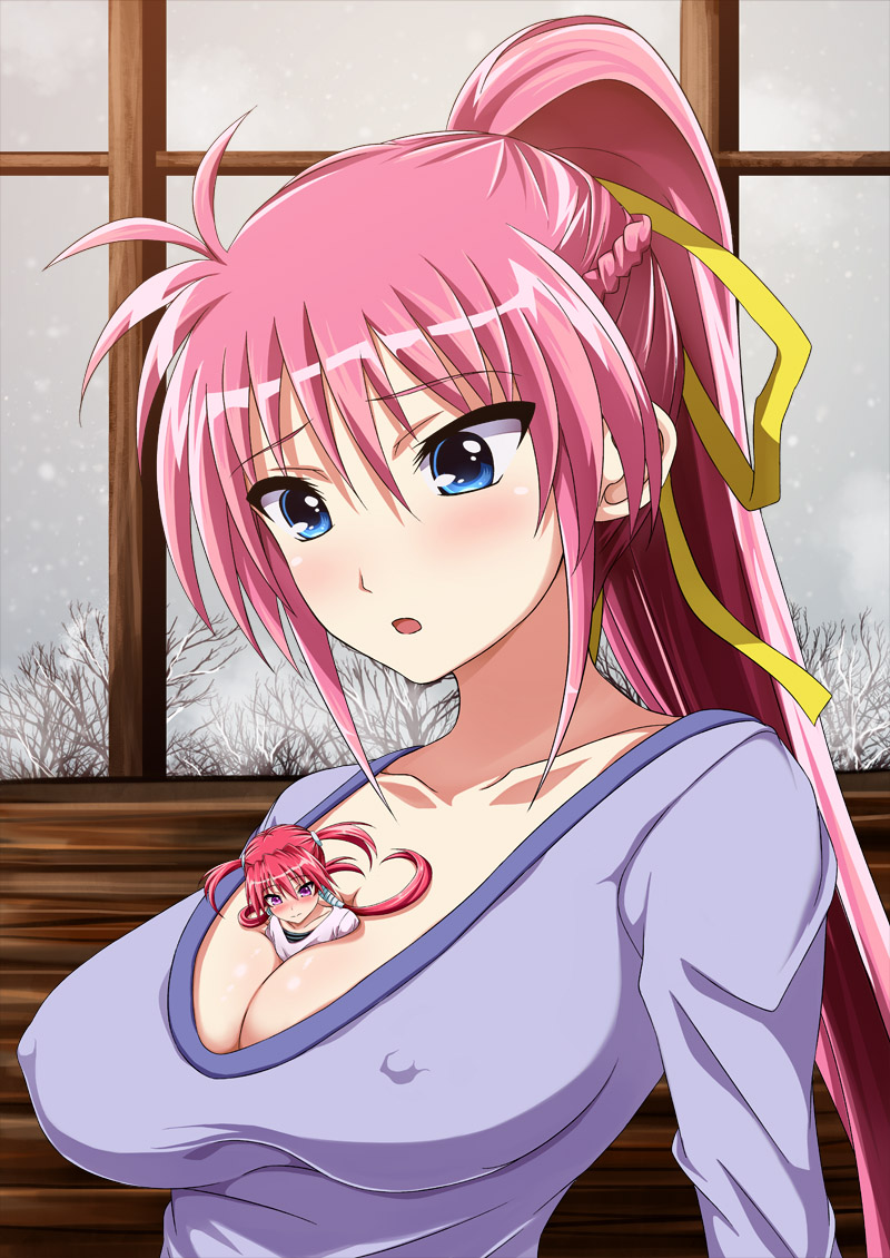 00s 2girls :o agito_(nanoha) between_breasts blue_eyes blush breasts cleavage covered_erect_nipples embarrassed hair_ribbon inoshira large_breasts long_hair long_sleeves lyrical_nanoha mahou_shoujo_lyrical_nanoha_strikers mini_person minigirl multiple_girls person_between_breasts pink_hair ponytail purple_eyes quad_tails ribbon signum snowing sweater tree window