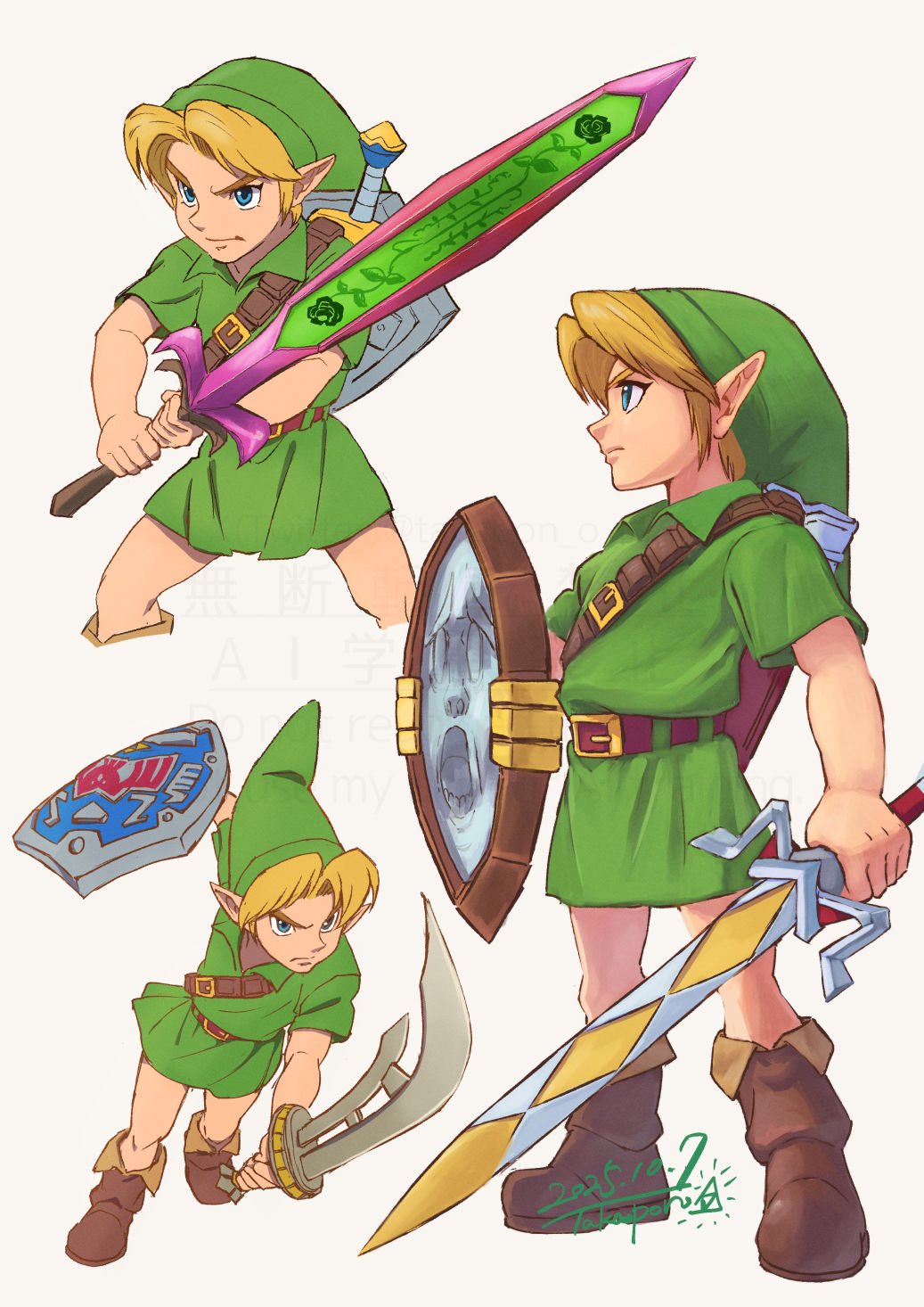 1boy attack belt belt_buckle blonde_hair blue_eyes brown_belt brown_shoes buckle closed_mouth curtained_hair dated fighting_stance fold-over_boots full_body furrowed_brow gilded_sword_(majora&#039;s_mask) great_fairy&#039;s_sword green_hat green_tunic hat highres holding holding_shield holding_sword holding_weapon hylian_shield kokiri_sword link looking_ahead male_focus mirror_shield multiple_views nintendo parted_bangs pointy_ears profile purple_belt razor_sword serious shield shield_on_back shoes short_sleeves shoulder_belt signature simple_background solo standing swinging_weapon sword sword_on_back takapon-o-ji the_legend_of_zelda the_legend_of_zelda:_majora&#039;s_mask tunic two-handed unsheathed watermark weapon weapon_on_back young_link