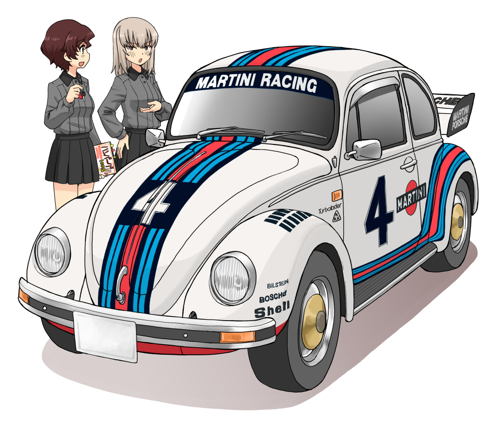 2girls akaboshi_koume black_skirt blue_eyes blush brown_hair car commentary dress_shirt english_text frown girls_und_panzer grey_shirt hand_on_own_hip holding itsumi_erika key kuromorimine_school_uniform logo long_sleeves looking_at_another martini_(brand) medium_hair miniskirt motor_vehicle multiple_girls open_mouth pleated_skirt school_uniform shadow shirt short_hair silver_hair simple_background skirt smile standing uona_telepin vehicle_focus volkswagen volkswagen_beetle wavy_hair white_background