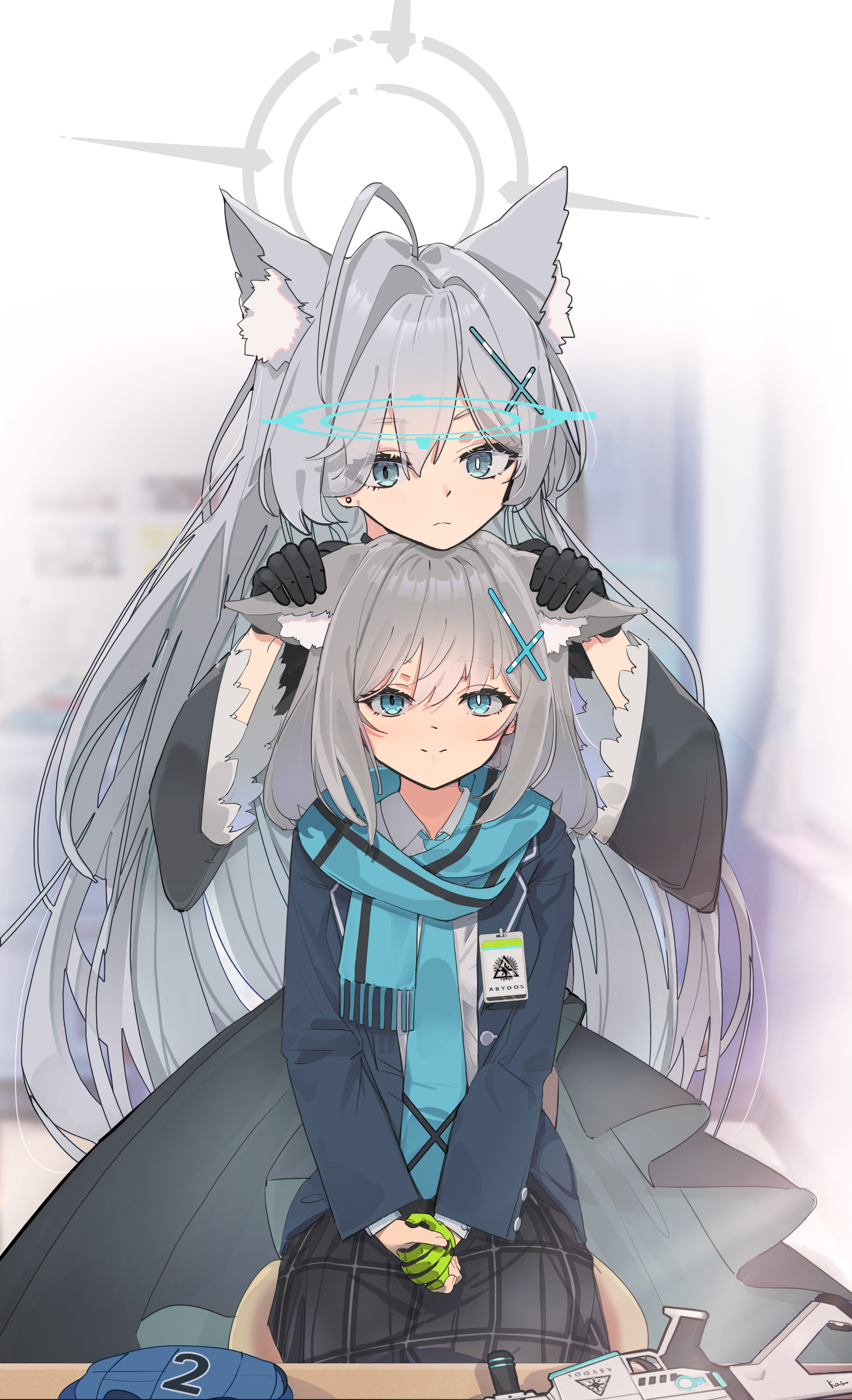 2girls absurdres ahoge animal_ear_fluff animal_ears assault_rifle black_dress blue_archive blue_eyes blue_halo blue_jacket blue_necktie blue_scarf broken_halo commentary_request cross_hair_ornament dress earrings expressionless extra_ears gloves green_gloves grey_hair grey_halo gun hair_between_eyes hair_ornament halo highres id_card jacket jewelry kas- long_hair long_sleeves looking_at_viewer mask mismatched_pupils multiple_girls necktie plaid_clothes plaid_skirt rifle scarf shiroko_(blue_archive) shiroko_terror_(blue_archive) shirt sig_sauer sig_sauer_556 single_glove skirt smile unworn_mask weapon white_shirt wolf_ears wolf_girl