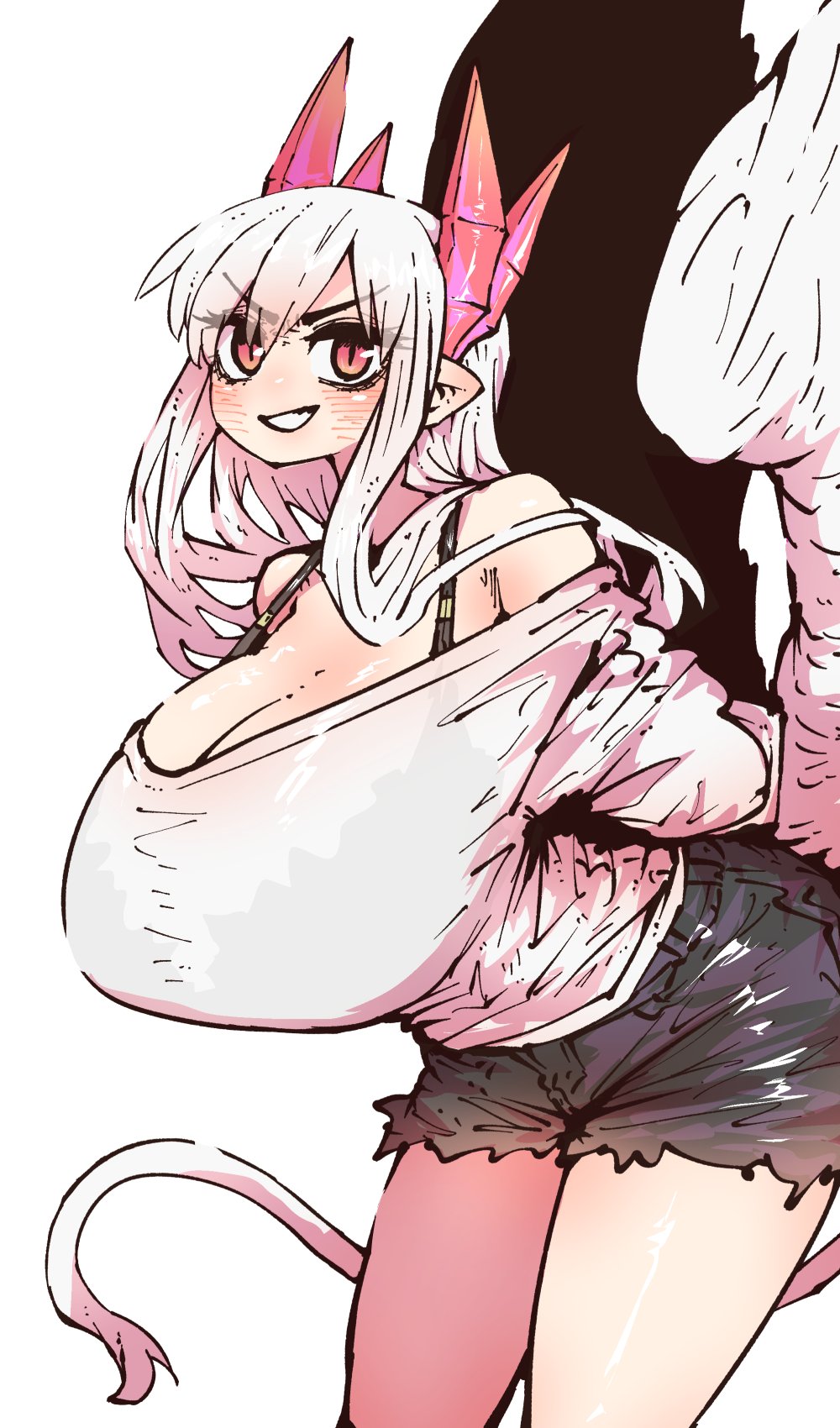 1girl bra bra_strap breasts demon_girl demon_horns feathered_wings highres horns huge_breasts long_hair looking_at_viewer lorem_(mazohaha) musuko_ga_kawaikute_shikatanai_mazoku_no_hahaoya pigeon_pose pointy_ears red_eyes red_horns shirt shorts simple_background smile tail underwear white_background white_hair white_tail white_wings wings zyugoya