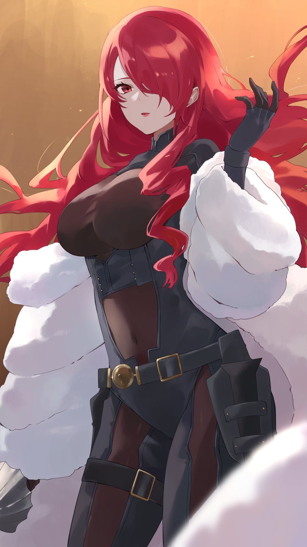 1girl belt black_belt black_bodysuit black_gloves bodysuit breasts coat commentary_request covered_navel fur_coat fur_trim gloves hair_over_one_eye highres holding holding_sword holding_weapon kirijou_mitsuru konchi_(63438789) lips long_hair looking_at_viewer medium_breasts off_shoulder official_alternate_costume one_eye_covered parted_lips persona persona_3 persona_4 persona_4:_the_ultimate_in_mayonaka_arena pink_lips rapier red_eyes red_hair solo sword wavy_hair weapon white_coat