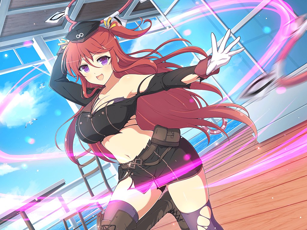 1girl animal ashiya_(senran_kagura) attack belt_pouch bird blue_sky blush boat breasts buttons ceiling chair chakram cleavage cloud day double-breasted gloves hair_ribbon hebijo_academy_school_uniform infinity_symbol large_breasts linea_alba long_hair looking_at_viewer motion_blur motion_lines navel ocean official_alternate_costume official_art on_ship open_mouth outdoors pouch purple_eyes purple_thighhighs red_hair ribbon school_uniform seabird seagull senran_kagura senran_kagura_new_link senran_kagura_new_wave shiny_skin side_ponytail sky smile solo standing standing_on_one_leg table thighhighs throwing throwing_weapon torn_clothes torn_sleeve torn_thighhighs water watercraft weapon white_gloves window yaegashi_nan yellow_ribbon