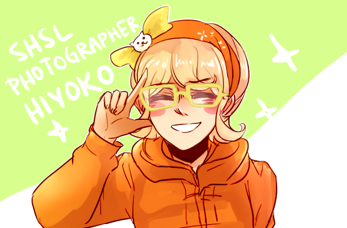 1girl adjusting_eyewear alternate_costume alternate_hair_length alternate_hairstyle alternate_universe blonde_hair blush_stickers bow character_name closed_eyes commentary danganronpa_(series) danganronpa_2:_goodbye_despair english_commentary glasses hairband hood hood_down hoodie long_sleeves ministarfruit orange_hairband orange_hoodie saionji_hiyoko short_hair smile solo yellow-framed_eyewear yellow_bow