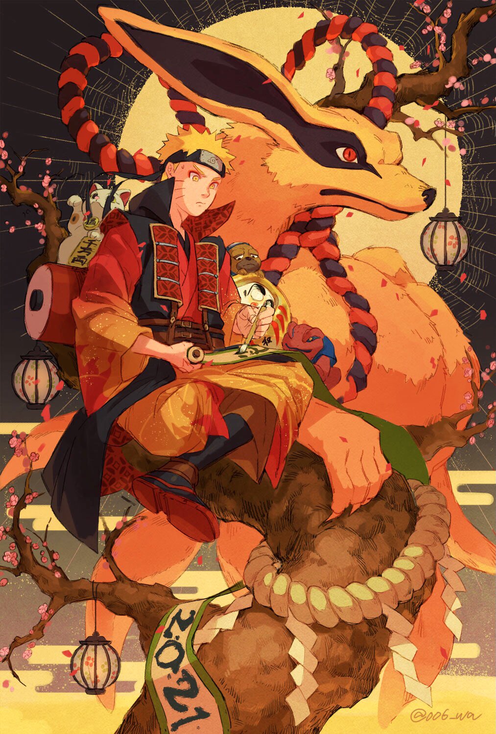 006_wa 1boy 2021 blonde_hair boots calligraphy calligraphy_brush calligraphy_scroll cherry_blossoms claws dog forehead_protector gamakichi_(naruto) highres holding_calligraphy_brush holding_paintbrush japanese_clothes kitsune konohagakure_symbol kurama_(naruto) kyuubi lantern multiple_tails naruto_(series) naruto_shippuuden orange_theme paintbrush pakkun_(naruto) scroll sennin_mode sitting spiked_hair sun tail tree uzumaki_naruto yellow_eyes