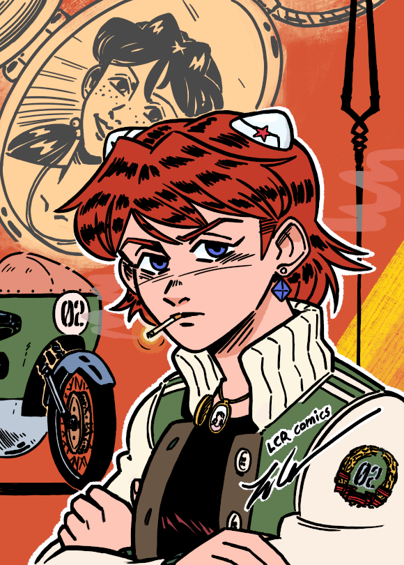 1girl alternate_hair_length alternate_hairstyle artist_name cigarette commentary crossed_arms crystal_earrings earrings english_commentary green_eyes horaki_hikari interface_headset_(evangelion) jacket jewelry lance_of_longinus_(evangelion) lcr_comics letterman_jacket locket necklace neon_genesis_evangelion pendant signature smoke smoking solo souryuu_asuka_langley upper_body
