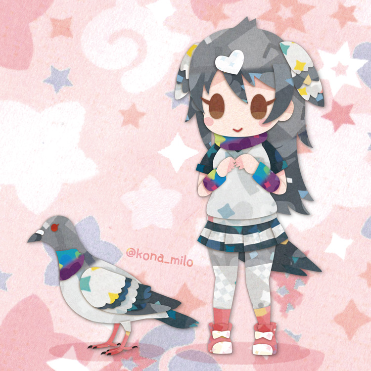 1girl animal bird bird_girl bird_tail bird_wings brown_eyes feathered_wings grey_hair head_wings japari_symbol kemono_friends kikuchi_milo long_hair looking_at_viewer pantyhose pink_background rock_dove_(kemono_friends) scarf shirt shoes simple_background skirt socks tail wings wristband