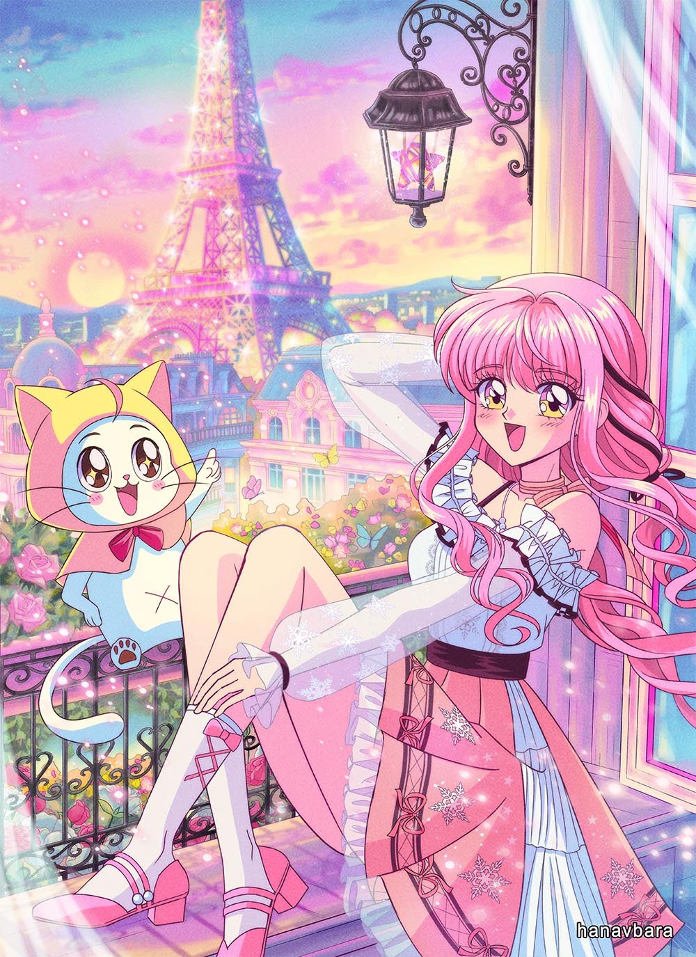 1990s_(style) 1boy 1girl animal bare_shoulders bow bowtie brown_eyes cat choker dress eiffel_tower eyelashes flower frilled_sleeves frills hair_bow hanavbara highres infinity_nikki long_hair long_sleeves momo_(nikki) nikki_(nikki) nikki_(series) open_mouth paris pink_hair puffy_sleeves retro_artstyle ribbon shirt skirt smile very_long_hair white_shirt