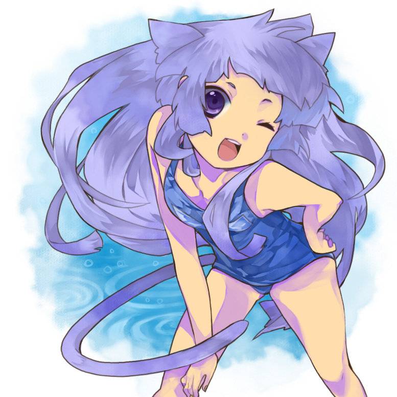 00s 1girl animal_ears bad_id bad_pixiv_id bent_over blunt_bangs cat_ears cat_tail hand_on_own_hip hip_focus kannagi leaning_forward long_hair makino_(sinobusan) nagi one-piece_swimsuit one_eye_closed purple_eyes purple_hair school_swimsuit swimsuit tail very_long_hair wink