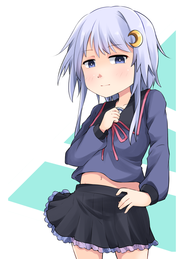 1girl crescent crescent_hair_ornament crescent_moon hair_ornament kantai_collection moon okitarou_(okiyo) purple_eyes purple_hair school_uniform short_hair shy skirt yayoi_(kancolle)