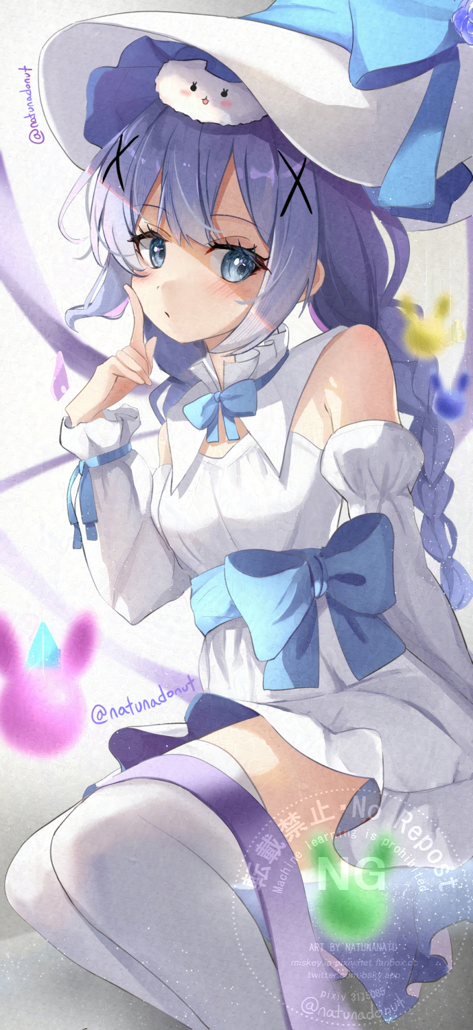 1girl angora_rabbit animal animal_on_head bare_shoulders blue_bow blue_eyes blurry blurry_background blush bow braid breasts closed_mouth commentary_request depth_of_field detached_sleeves dress feet_out_of_frame gochuumon_wa_usagi_desu_ka? hair_ornament hand_up hat highres index_finger_raised kafuu_chino long_hair long_sleeves low_twintails natuna_natu on_head puffy_long_sleeves puffy_sleeves rabbit small_breasts thighhighs tippy_(gochiusa) twin_braids twintails twitter_username very_long_hair watermark white_dress white_hat white_sleeves white_thighhighs witch_hat x_hair_ornament