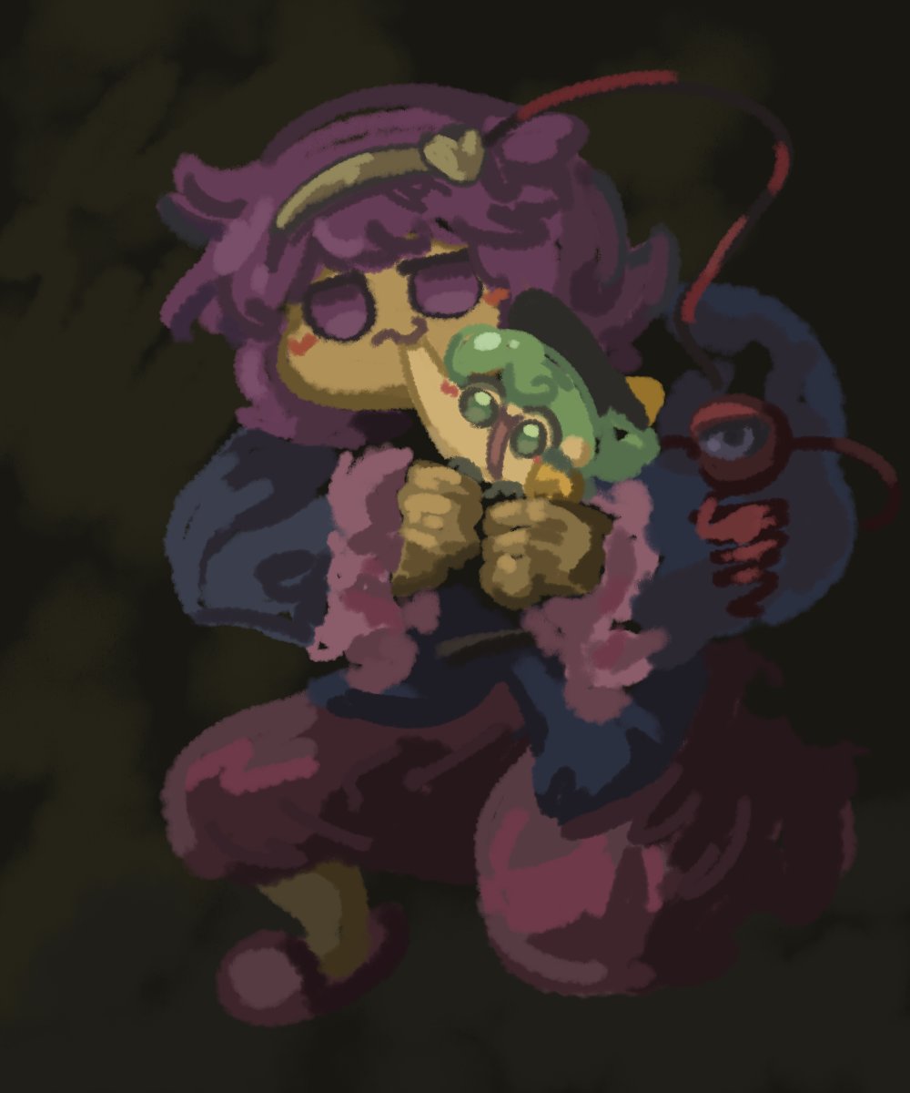 2girls :s black_background black_headwear blue_shirt eating fine_art_parody francisco_goya full_body green_eyes green_hair headband heart highres komeiji_koishi komeiji_satori long_sleeves looking_at_viewer multiple_girls numenoko parody pink_skirt pink_slippers purple_eyes purple_hair saturn_devouring_his_son shirt short_hair skirt slippers spanish_commentary tan_tan_pou third_eye touhou yellow_headband