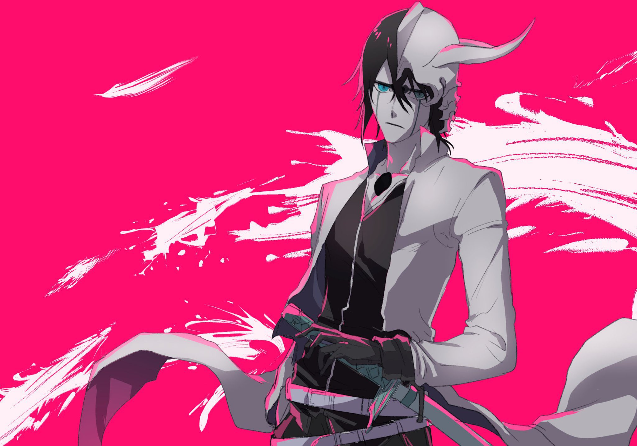 1boy arrancar belt black_hair black_shirt bleach bleach:_sennen_kessen-hen broken_helmet coattails collarbone cowboy_shot facial_mark gloves green_eyes hair_between_eyes highres hishui_prpr hole_in_chest hole_on_body jacket looking_at_viewer multiple_belts open_clothes open_jacket pink_background sheath sheathed shirt solo sword ulquiorra_cifer weapon white_belt white_jacket