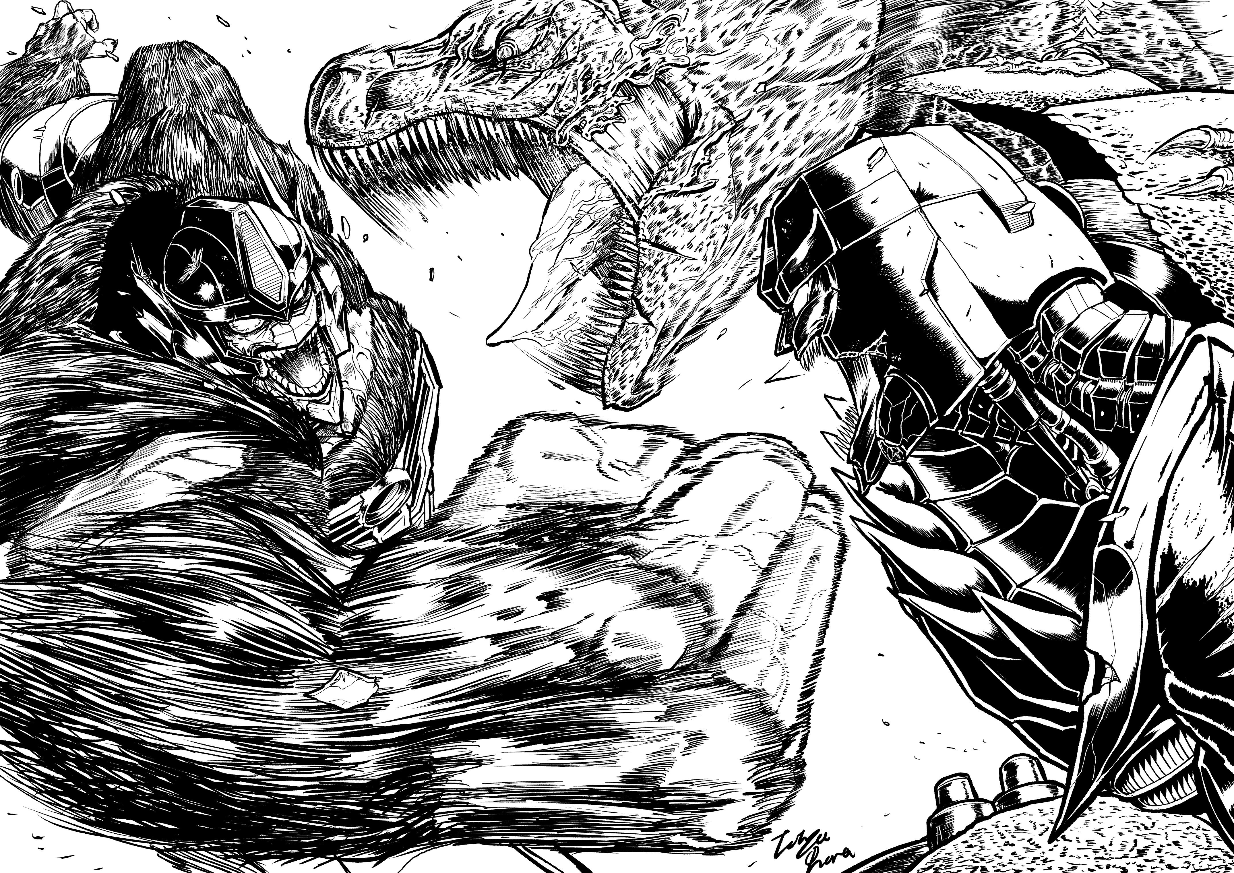 absurdres beast_wars beast_wars:_transformers clenched_hand fighting greyscale highres looking_down maximal mecha megatron megatron_(beast_wars) monochrome no_humans oohara_tetsuya open_hand open_hands optimus_primal predacon punching robot saliva science_fiction sharp_teeth teeth transformers white_background