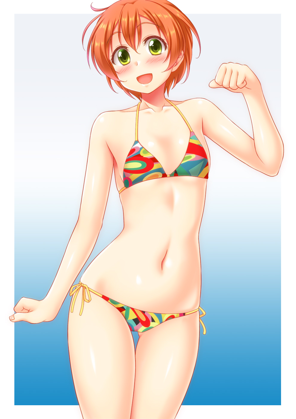 1girl bikini blush flat_chest green_eyes halterneck highres hoshizora_rin love_live! love_live!_school_idol_project navel open_mouth orange_hair side-tie_bikini_bottom solo string_bikini swimsuit utomo